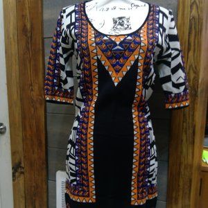 Jealous Tomato Womens Form-Fitting Black Orange Blue and Cream Mini Dress Large